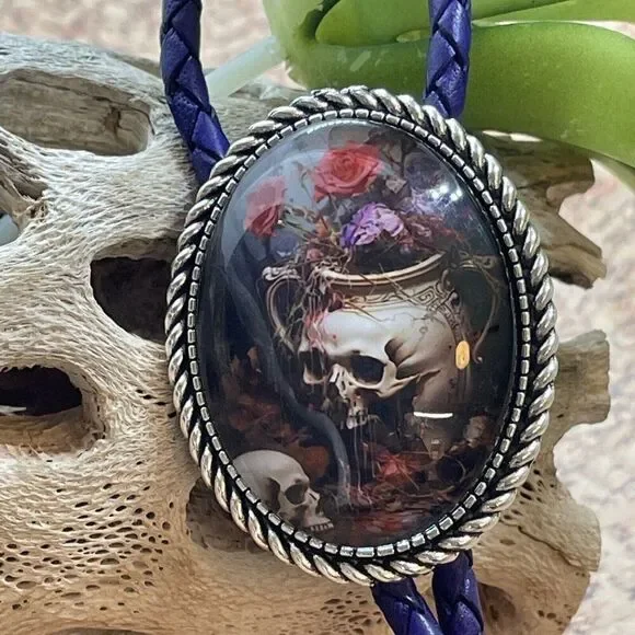 - Gothic Skull Rose Witch Leather Bolo Tie Lariat Necklace Wedding Purple Xmas - Picture 7 of 16